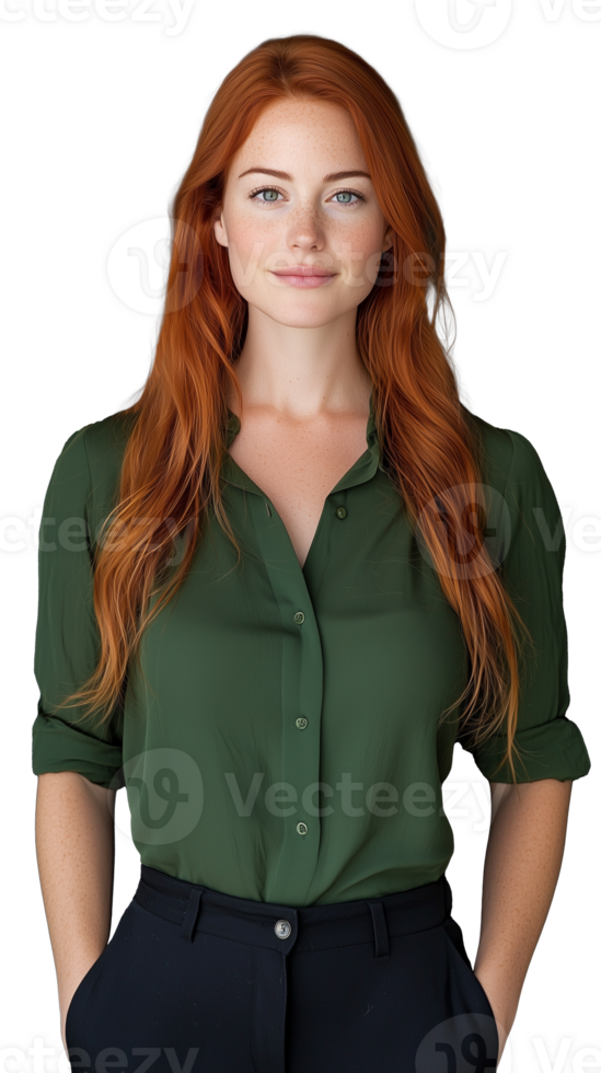 Confident woman with long red hair wearing green blouse on transparent background png