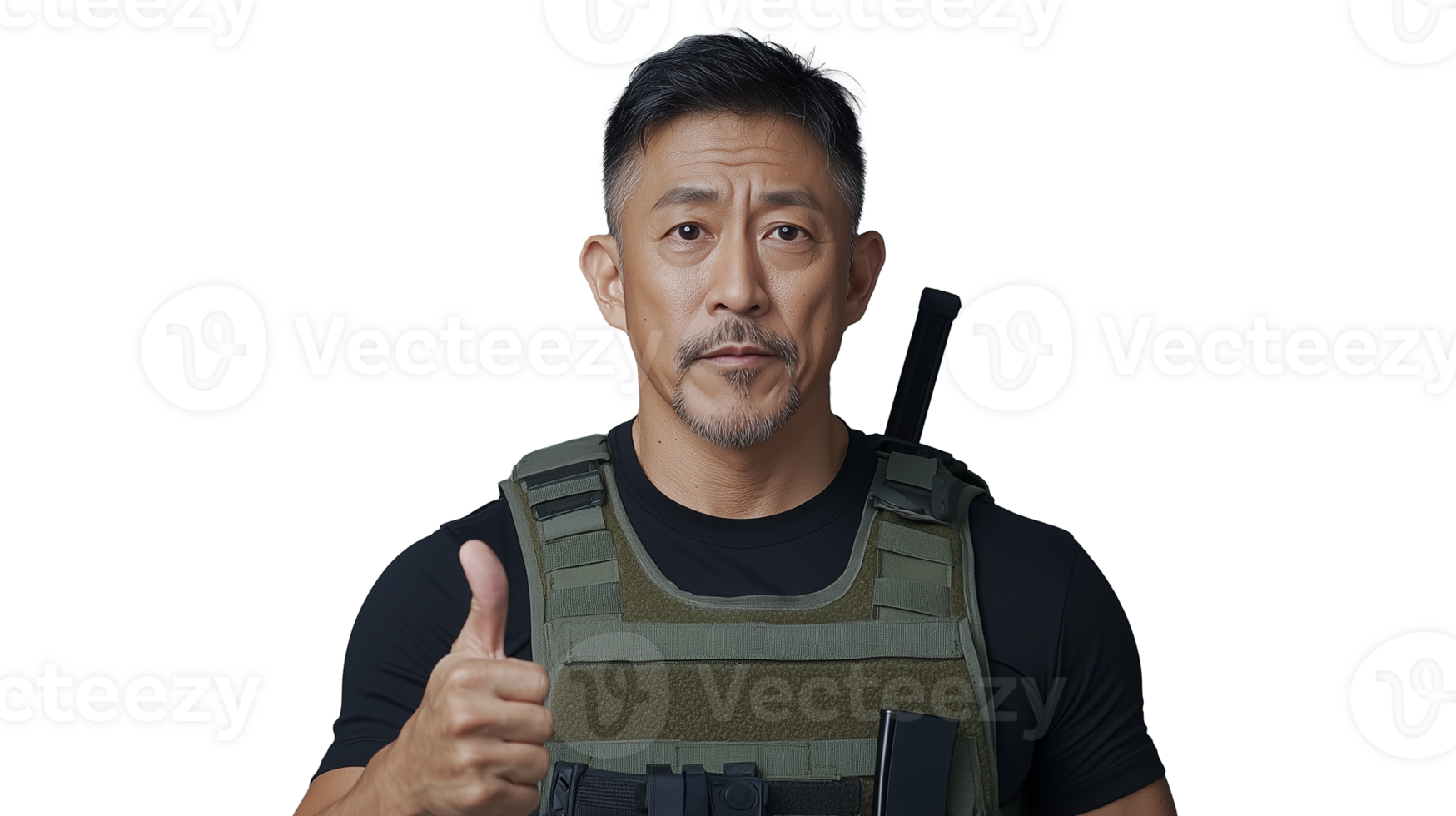 Confident man in tactical gear giving thumbs up on transparent background png