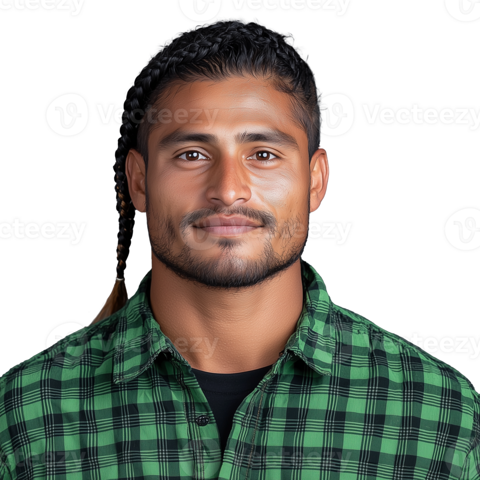 Confident man with braided hair wearing green plaid shirt on transparent background png