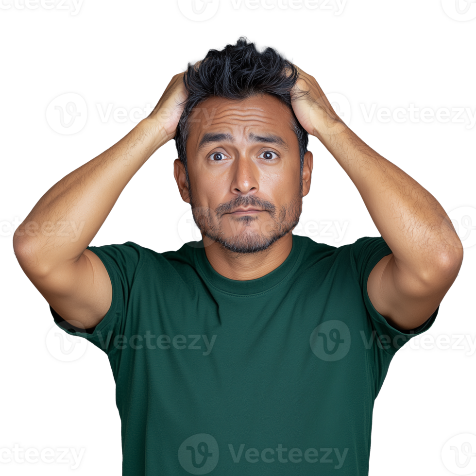 Man with Hands on Head Expressing Concern on Transparent Background png