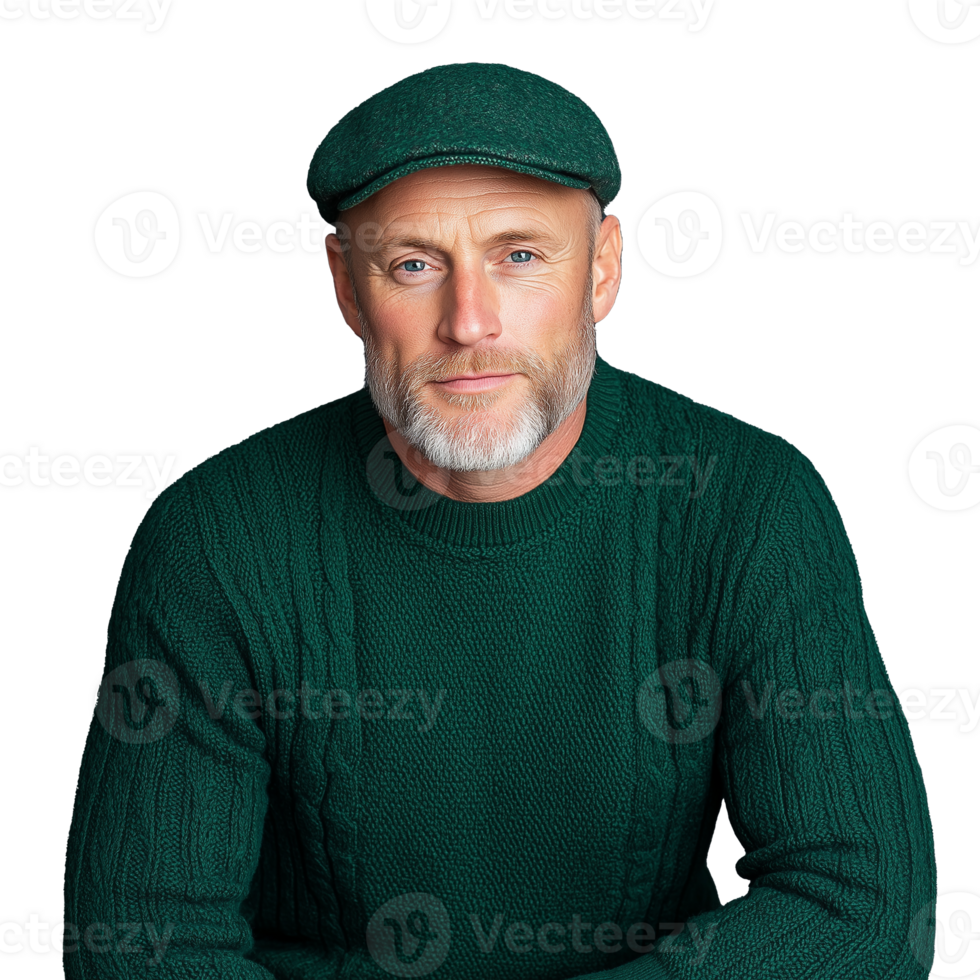 Mature man in green sweater and cap on transparent background png