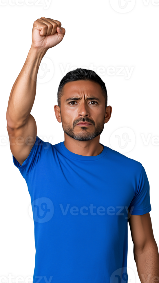 Determined man raising fist in solidarity on transparent background png