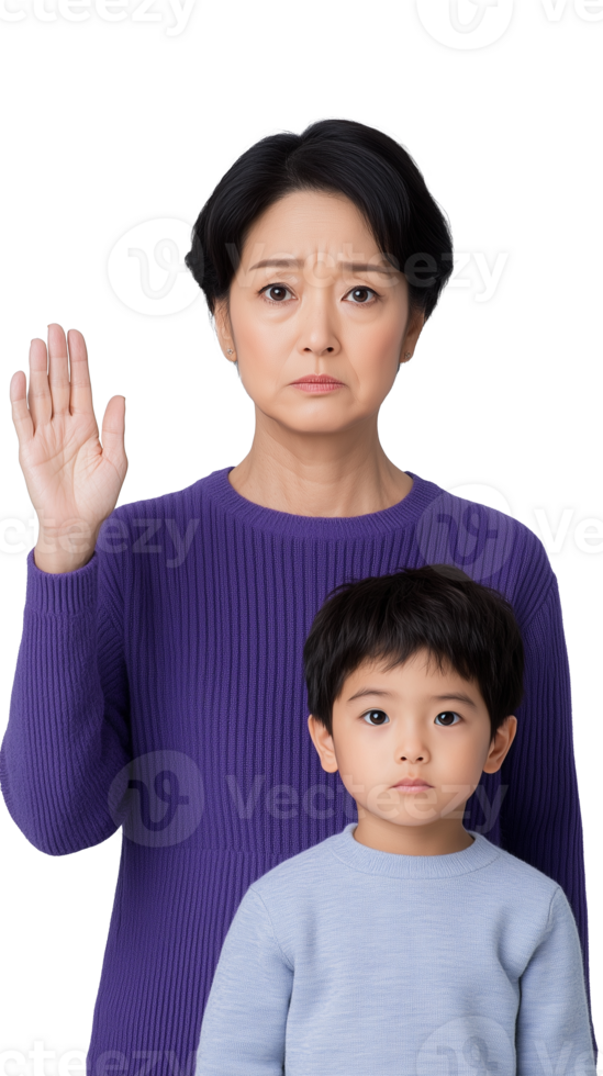 Concerned woman and child expressing emotions on transparent background png