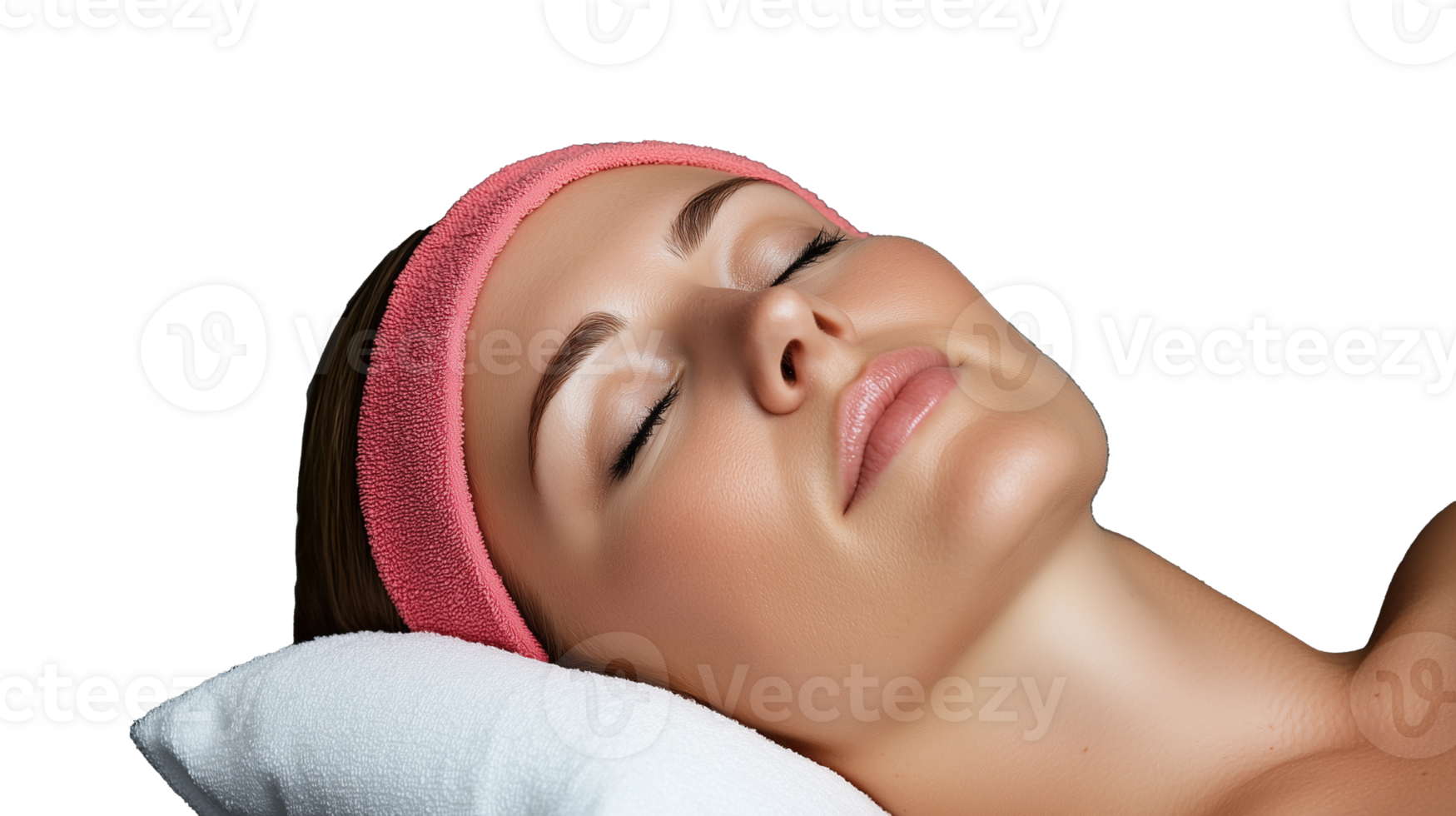 Relaxed woman with pink headband resting on spa pillow on transparent background png