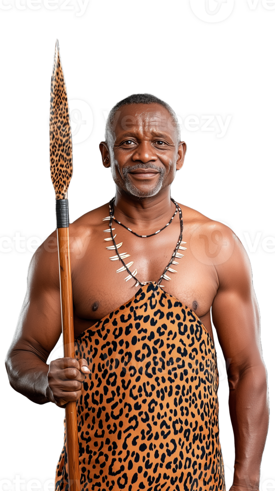 Traditional warrior holding spear in leopard print attire on transparent background png