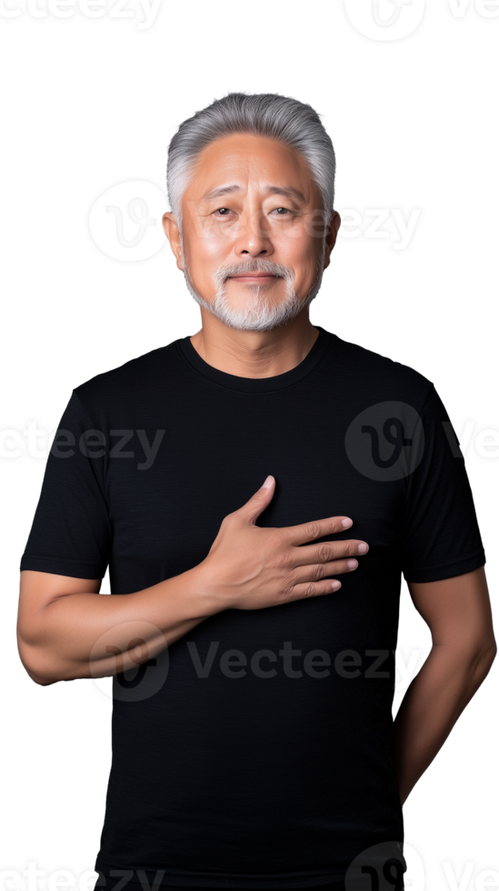 Confident mature man with hand on heart smiling on transparent background png