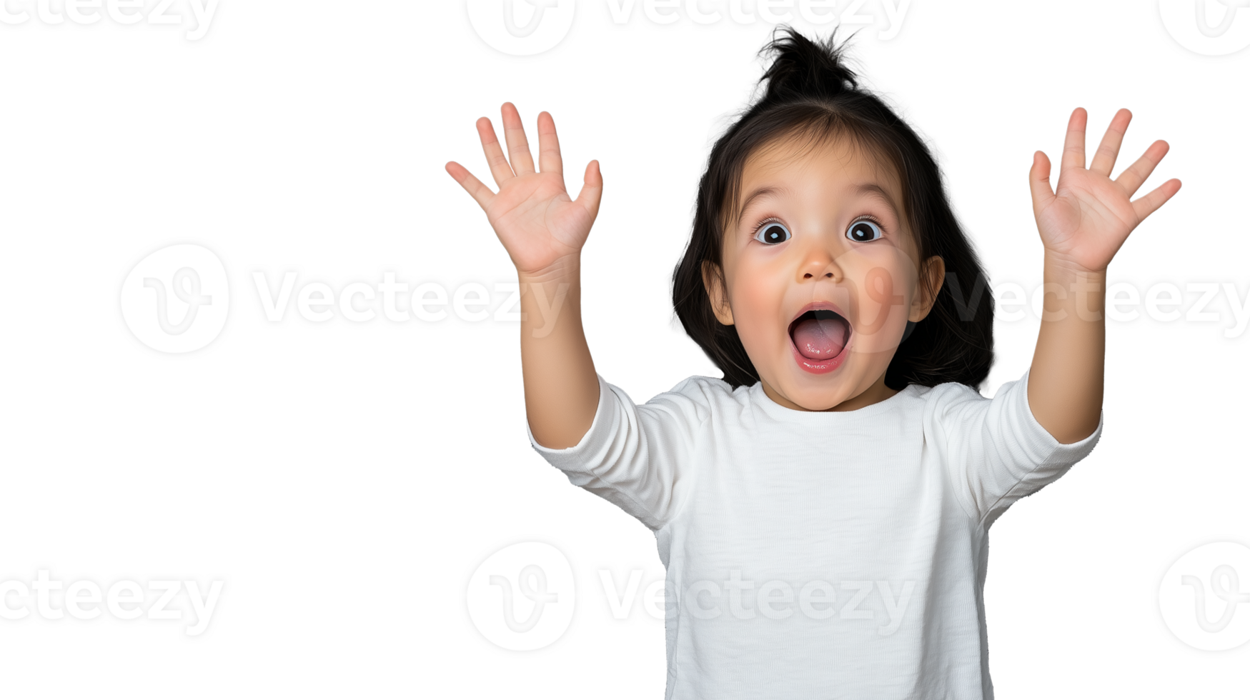 Excited child with raised hands expressing joy on transparent background png