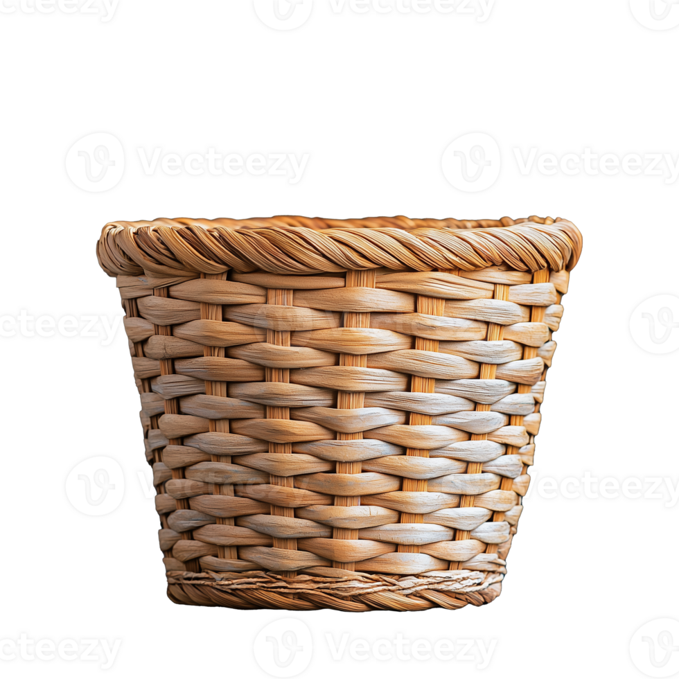 Woven wicker basket with intricate design and natural texture on transparent background png