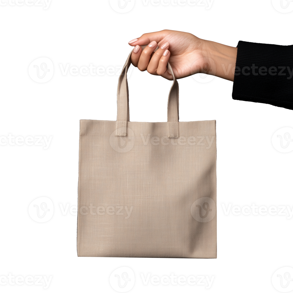 Hand holding a beige tote bag on transparent background png