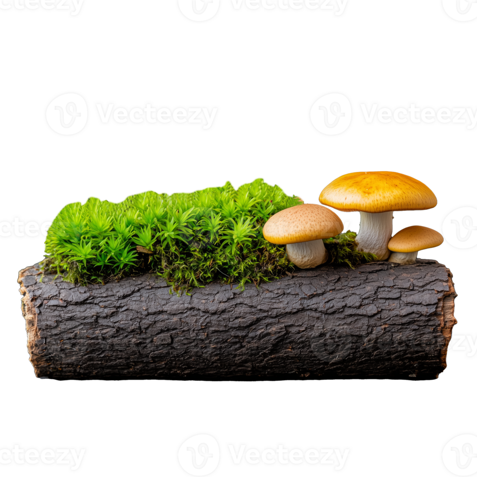 Fresh mushrooms growing on a mossy log on transparent background png