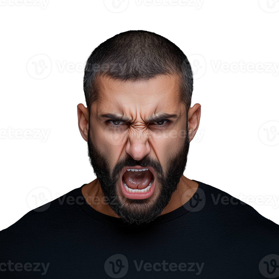 Intense man shouting with fierce expression on transparent background png