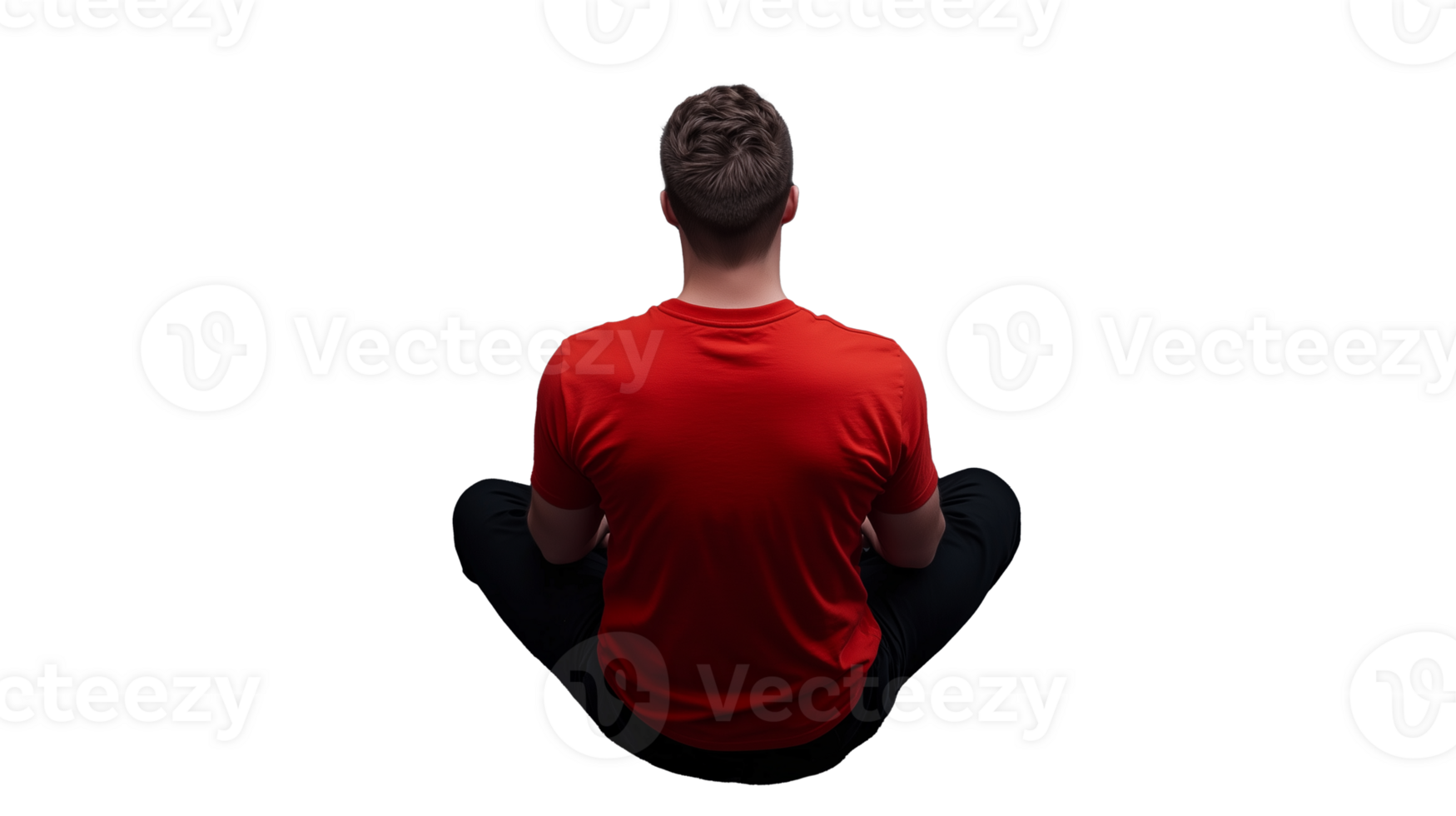Man sitting in meditation pose wearing red shirt on transparent background png