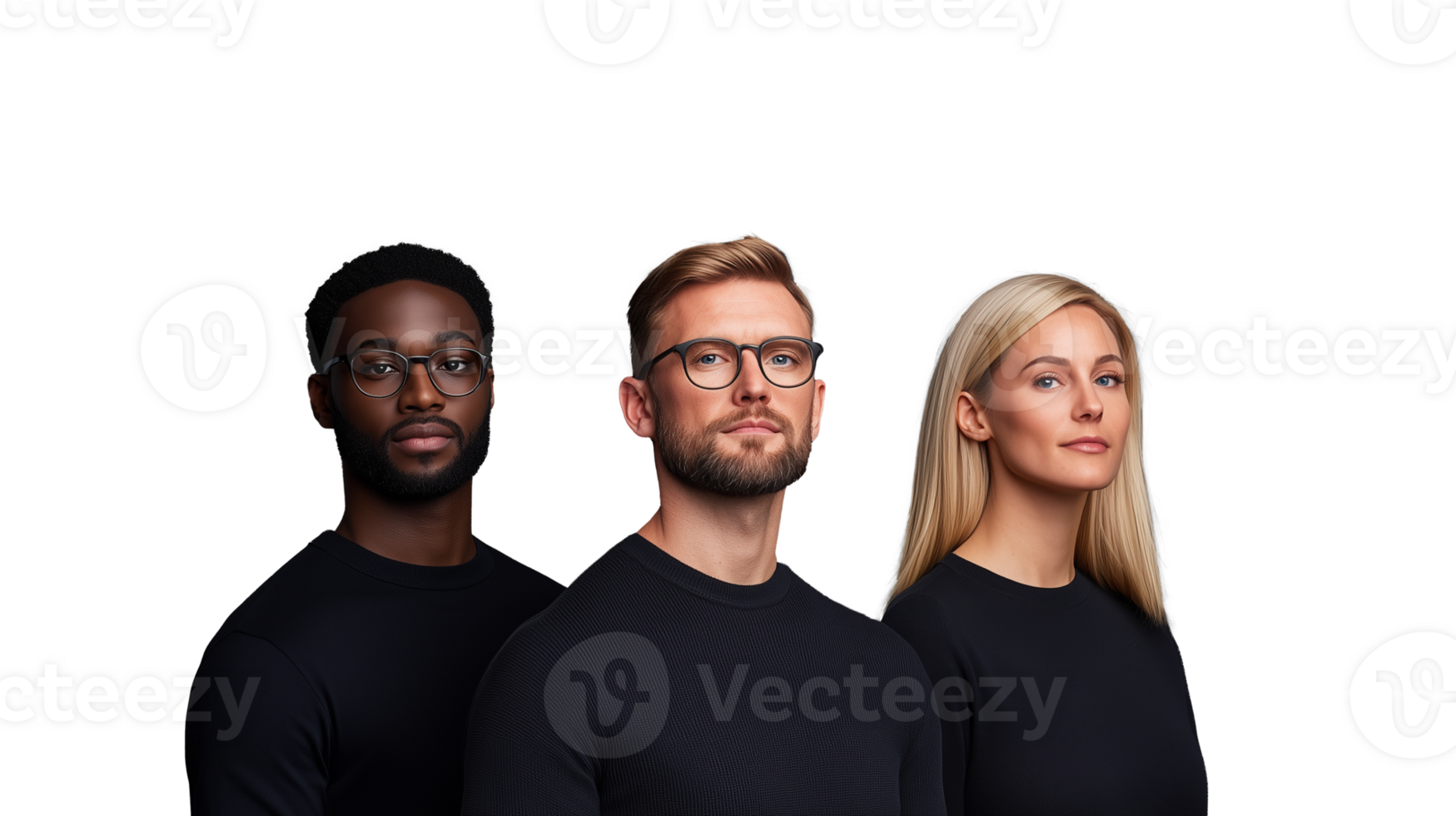 Diverse group of three individuals posing confidently on transparent background png