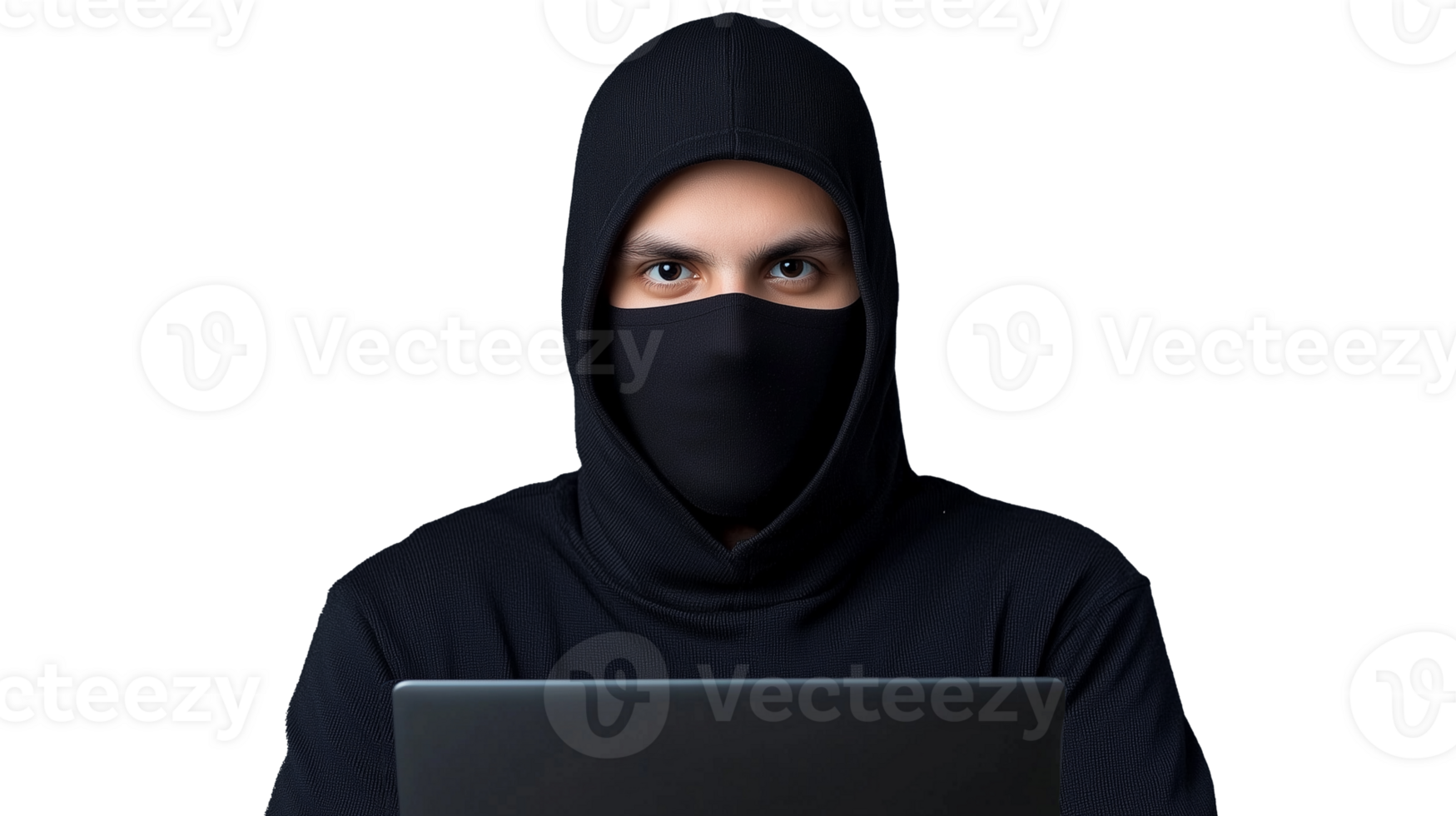 Hooded figure with laptop engaging in cyber activity on transparent background png