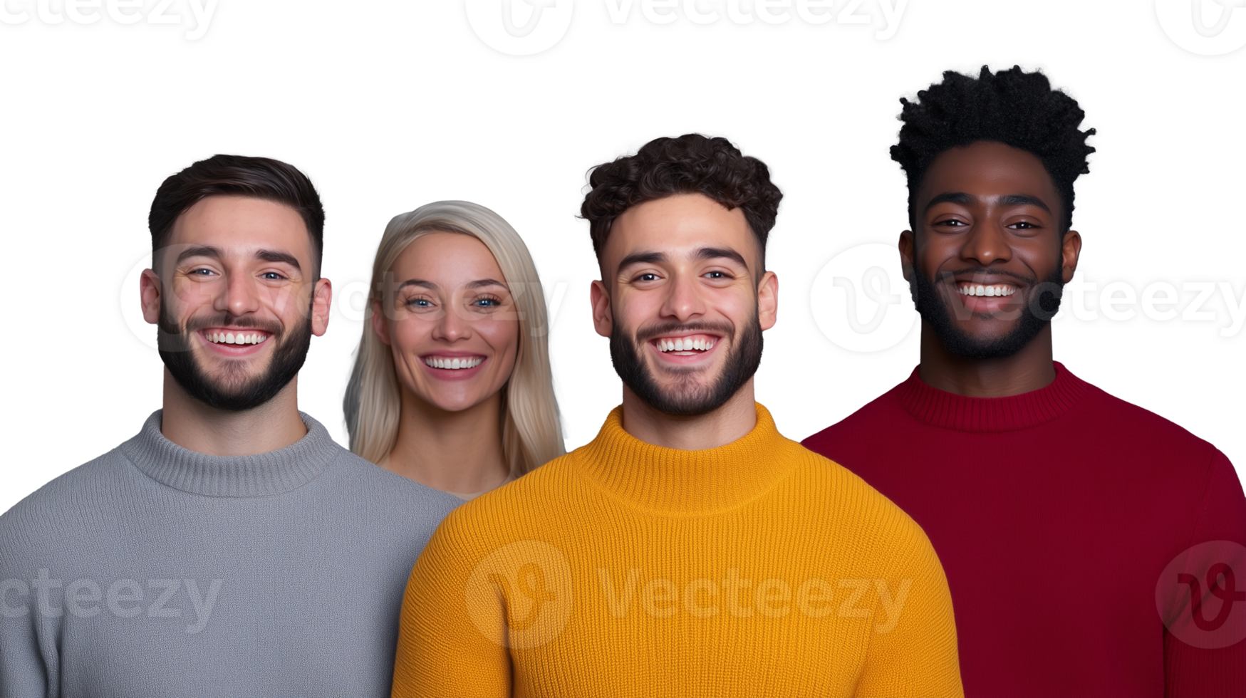 Group of smiling young adults in colorful sweaters on transparent background png