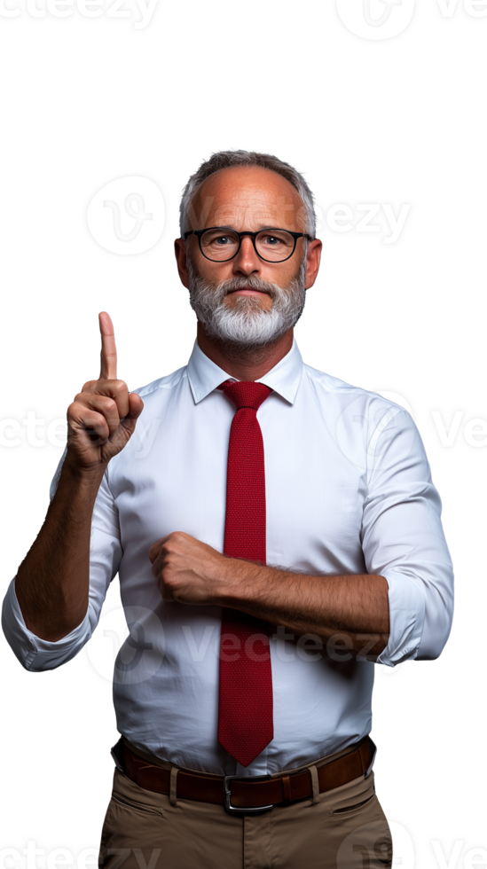 Professional man gesturing with raised finger on transparent background png