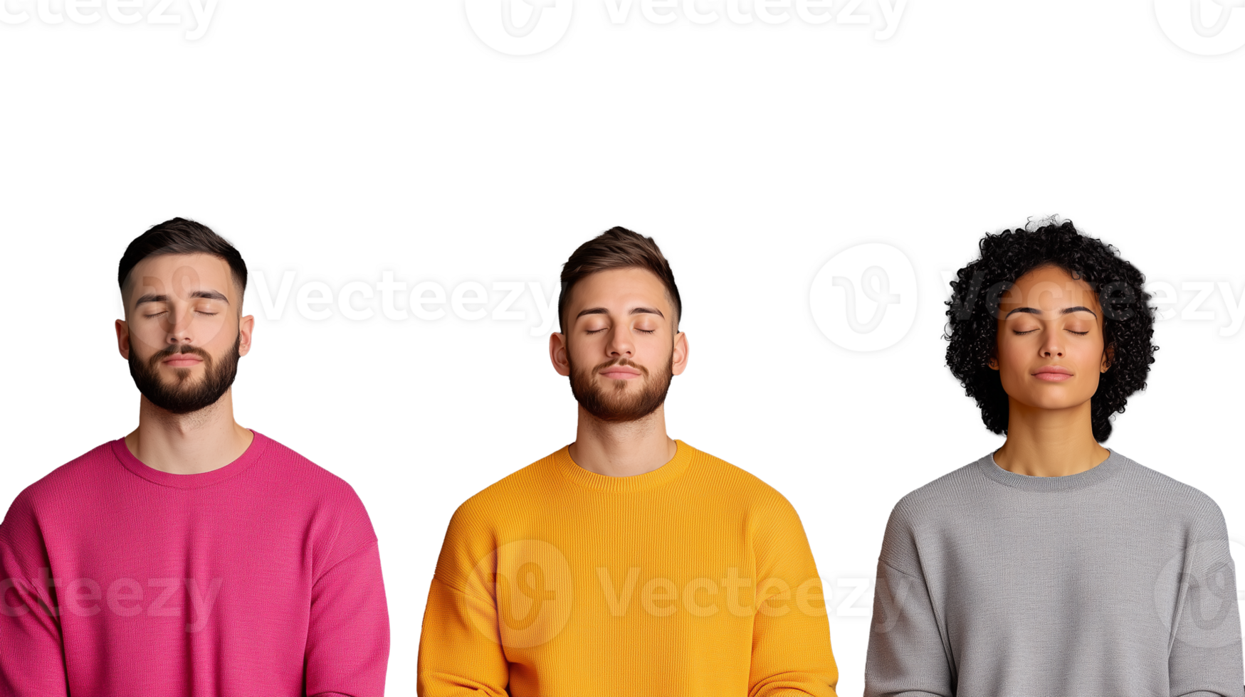 Group of three people meditating with closed eyes on transparent background png