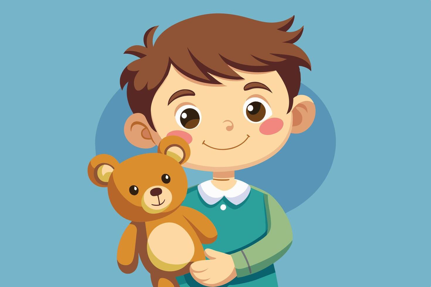 Young boy with a teddy bear smiles brightly while wearing a green sweater against a simple blue background vector