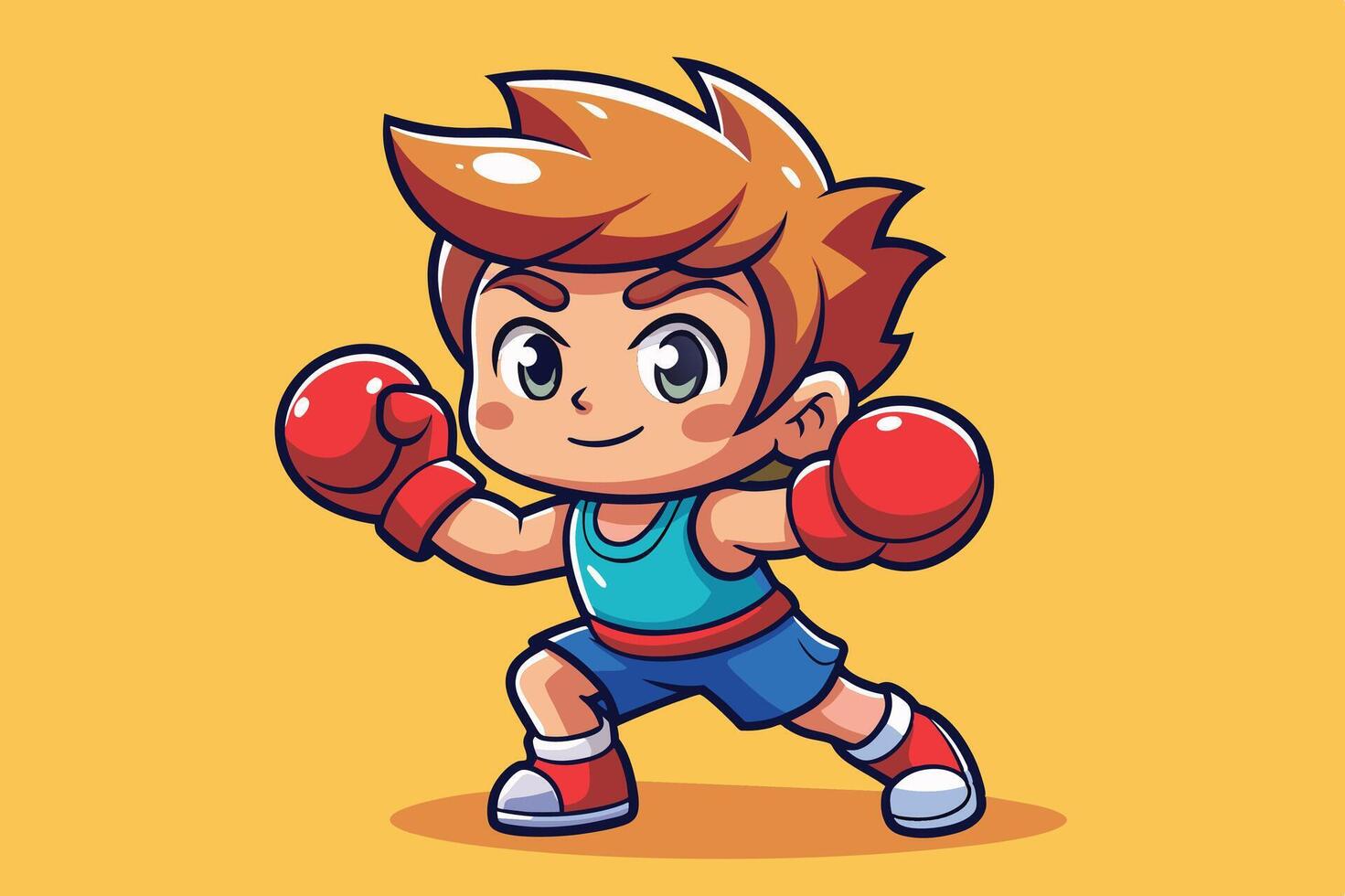 A cartoon young boy wearing boxing gloves strikes a playful pose against a bright yellow background during a boxing practice session vector