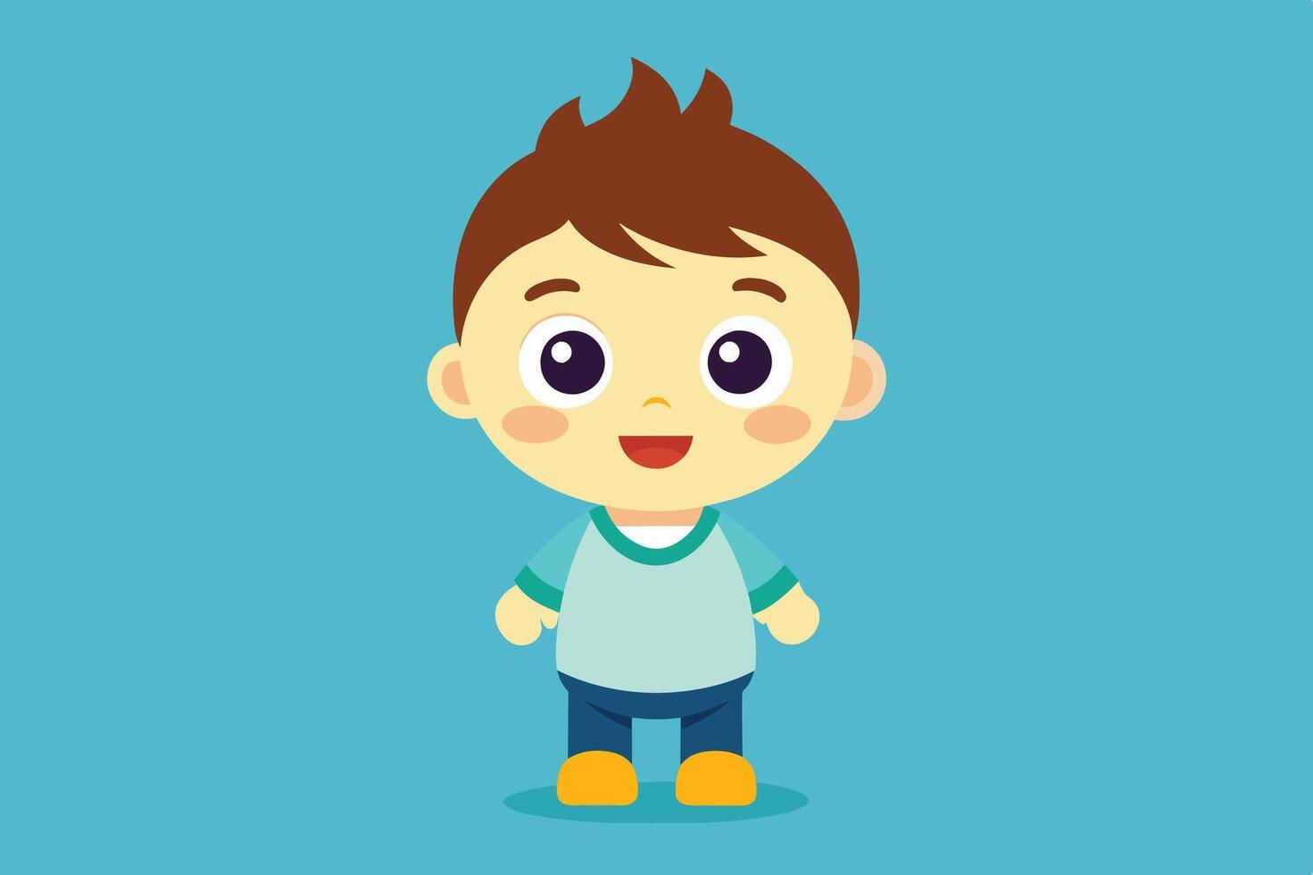A cheerful young boy standing against a light blue background, wearing a turquoise shirt and blue jeans with a joyful expression vector