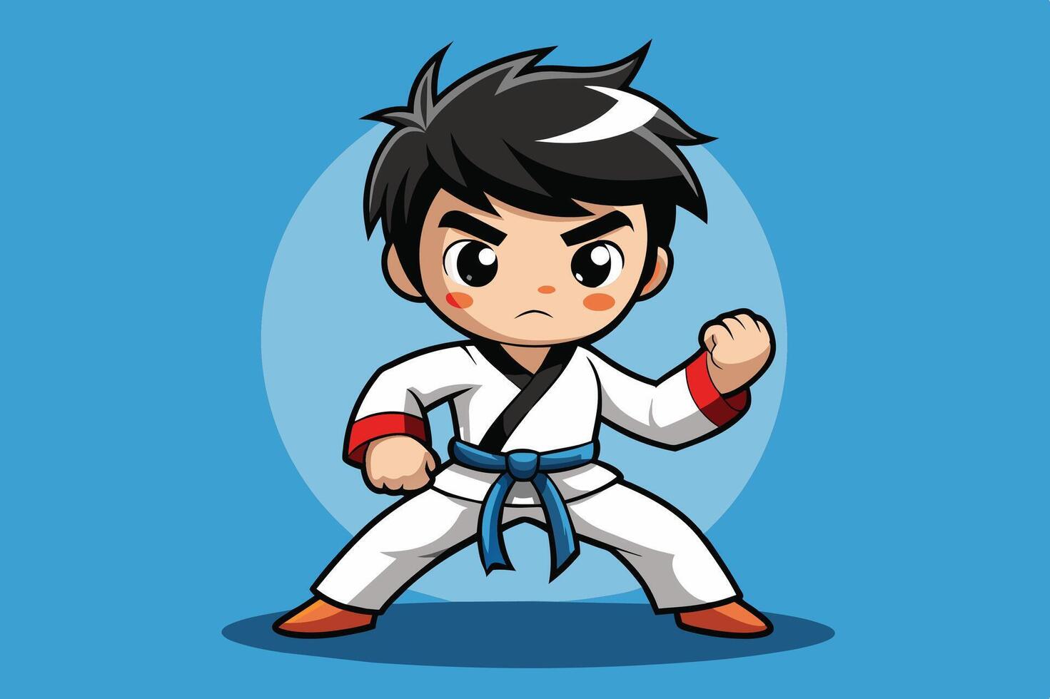 A young martial artist stands confidently in a white gi with a blue belt ready for training against a simple blue background vector