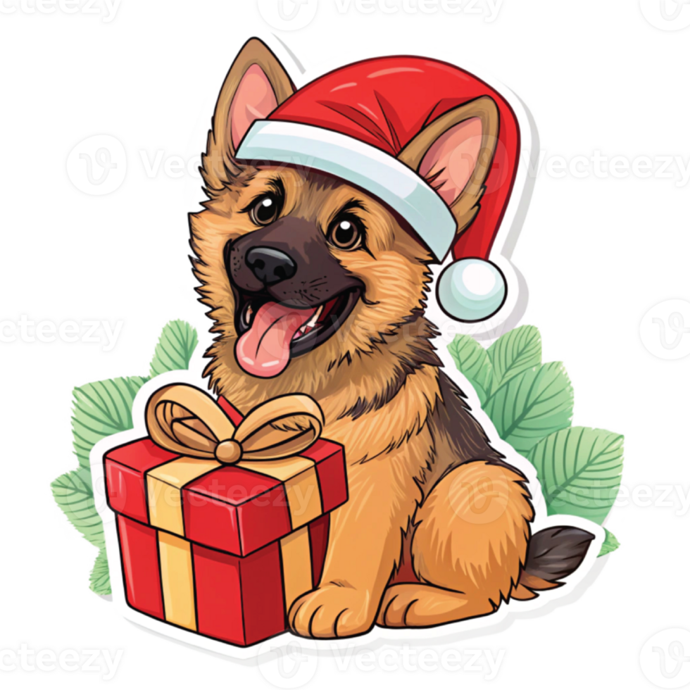 A german shepherd dog with a santa hat and gift png