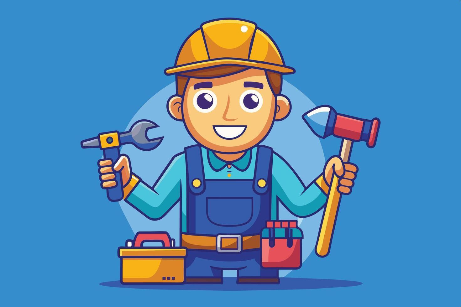 A cheerful young worker stands proudly holding tools while wearing a safety helmet and overalls against a blue background vector