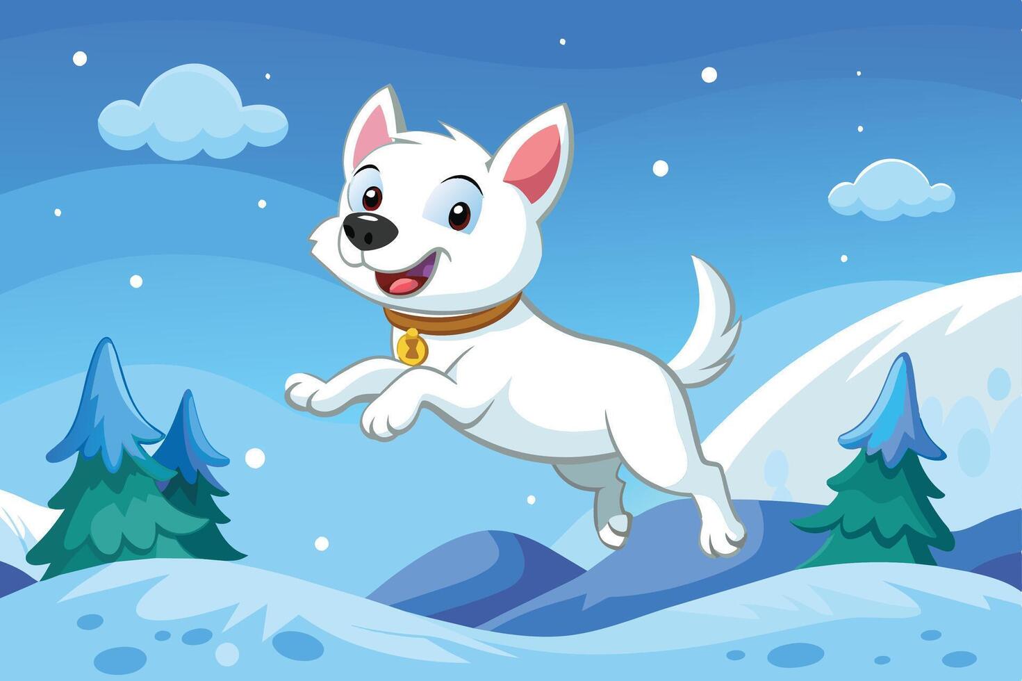 A cheerful white dog joyfully leaps through a snowy landscape under a bright blue sky, surrounded by evergreen trees in winter vector