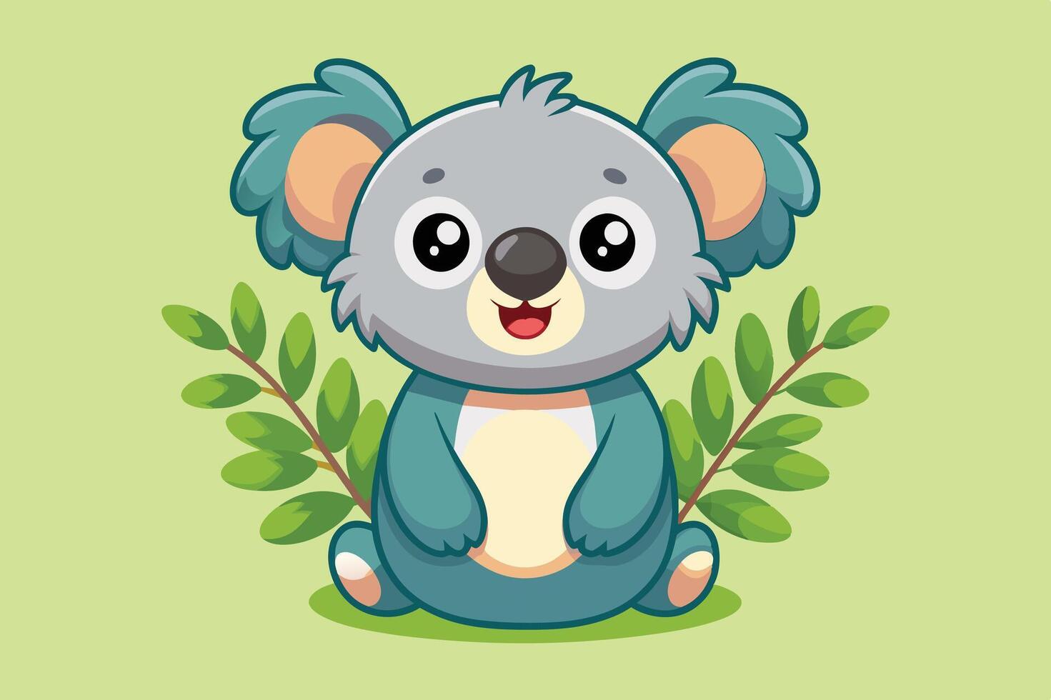A cute cartoon koala sitting among leaves with a cheerful expression on a light green background vector