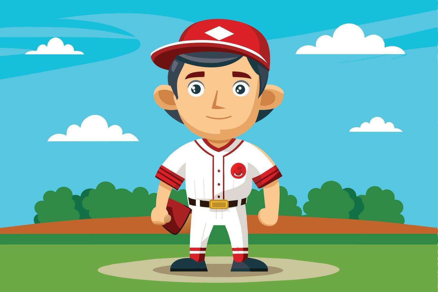 A cartoon baseball player stands on the pitcher's mound in a bright sunny park with green trees and a blue sky during daytime vector