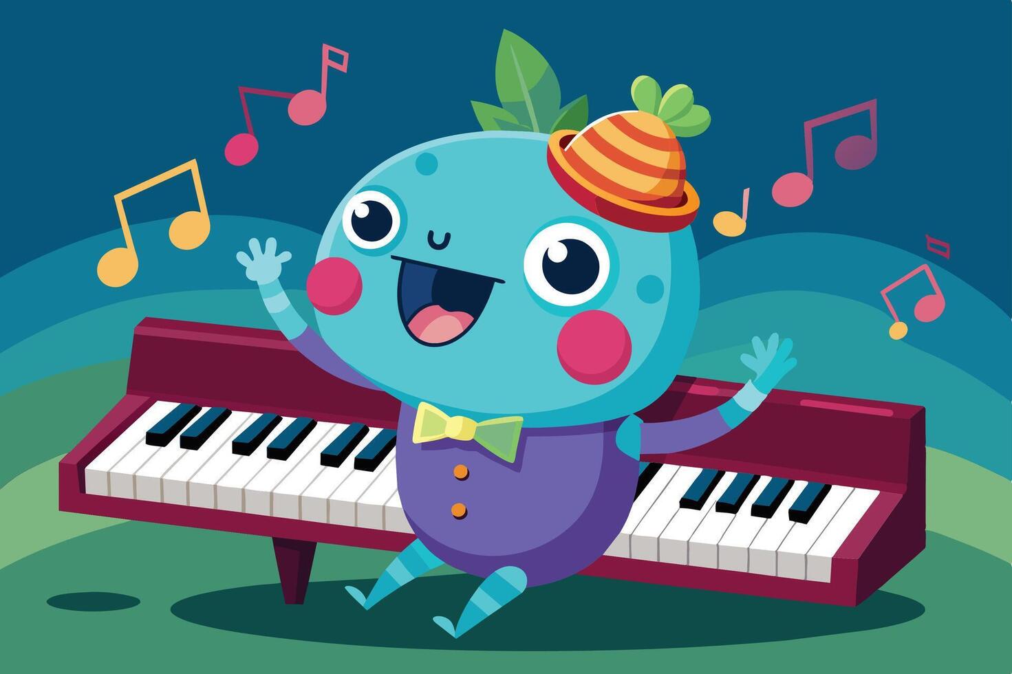 A cheerful blue character with a hat plays the piano and sings joyfully, surrounded by musical notes in a colorful landscape vector
