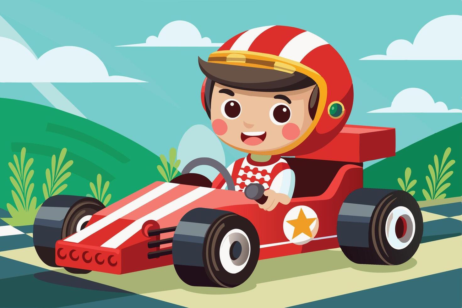A cheerful child driving a red go-kart on a sunny day in a lush green park with vibrant blue skies and playful clouds vector