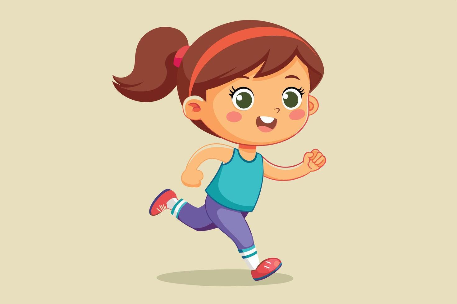 A cheerful young girl joyfully running in a blue tank top and purple leggings with a playful ponytail on a light background vector