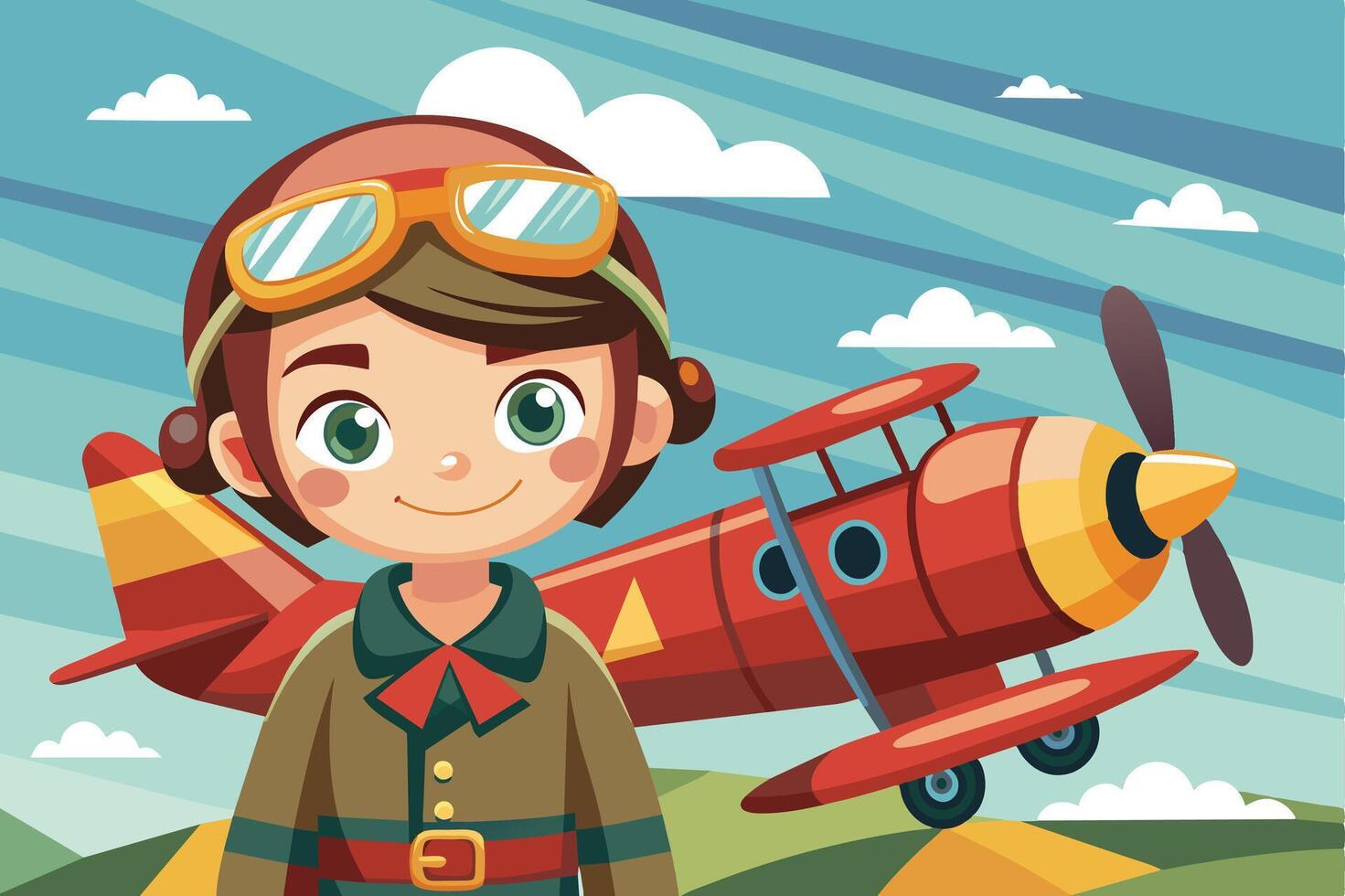 Young aviator stands proudly in front of a red biplane on a bright, sunny day in a cartoon landscape with puffy clouds vector