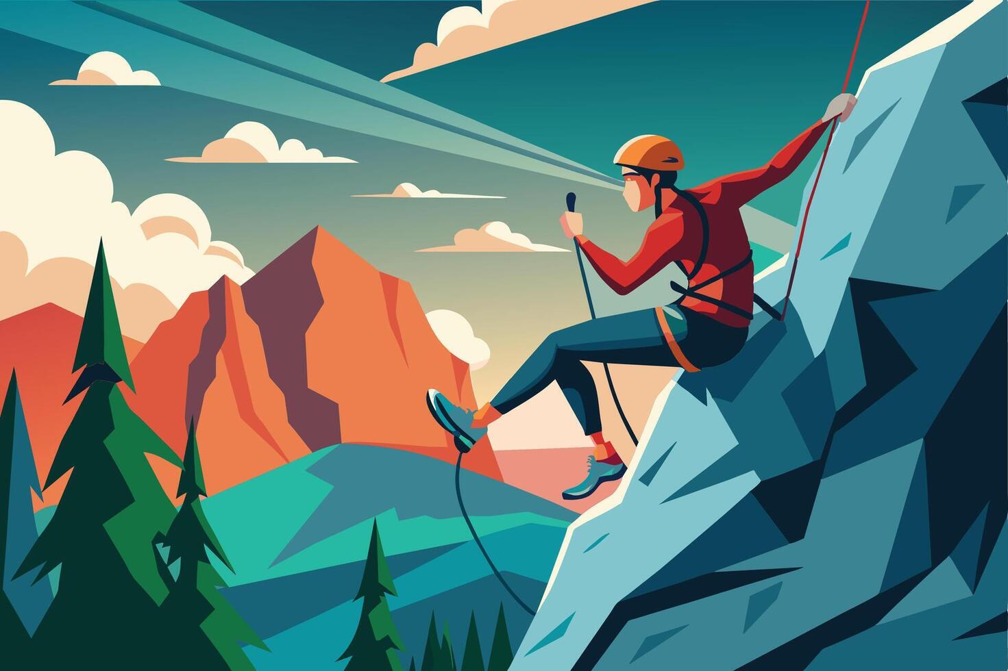 A climber scales a rocky peak in a scenic mountain landscape during a bright sunny day vector