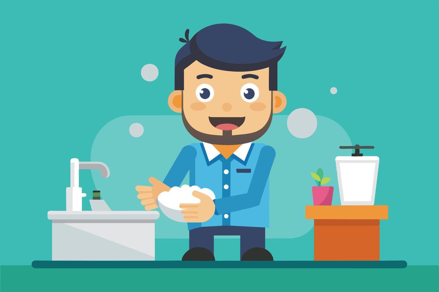 A man washing his hands at a sink with soap and a plant nearby during a bright, clean indoor setting vector