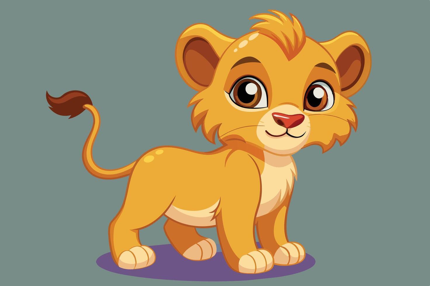 Cute cartoon lion cub with big eyes and playful expression on a simple background in a cheerful style vector
