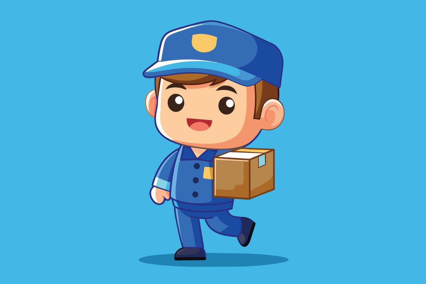 Cheerful delivery person in a blue uniform carrying a package against a bright blue background vector