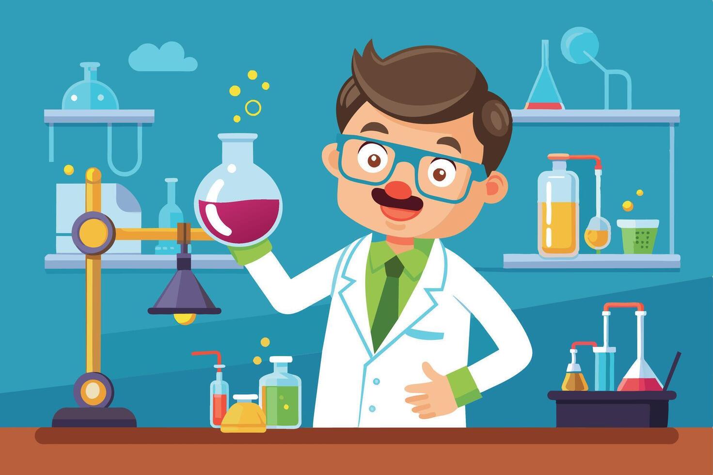 A young male scientist conducts an experiment in a colorful laboratory filled with various glassware and equipment during the daytime vector