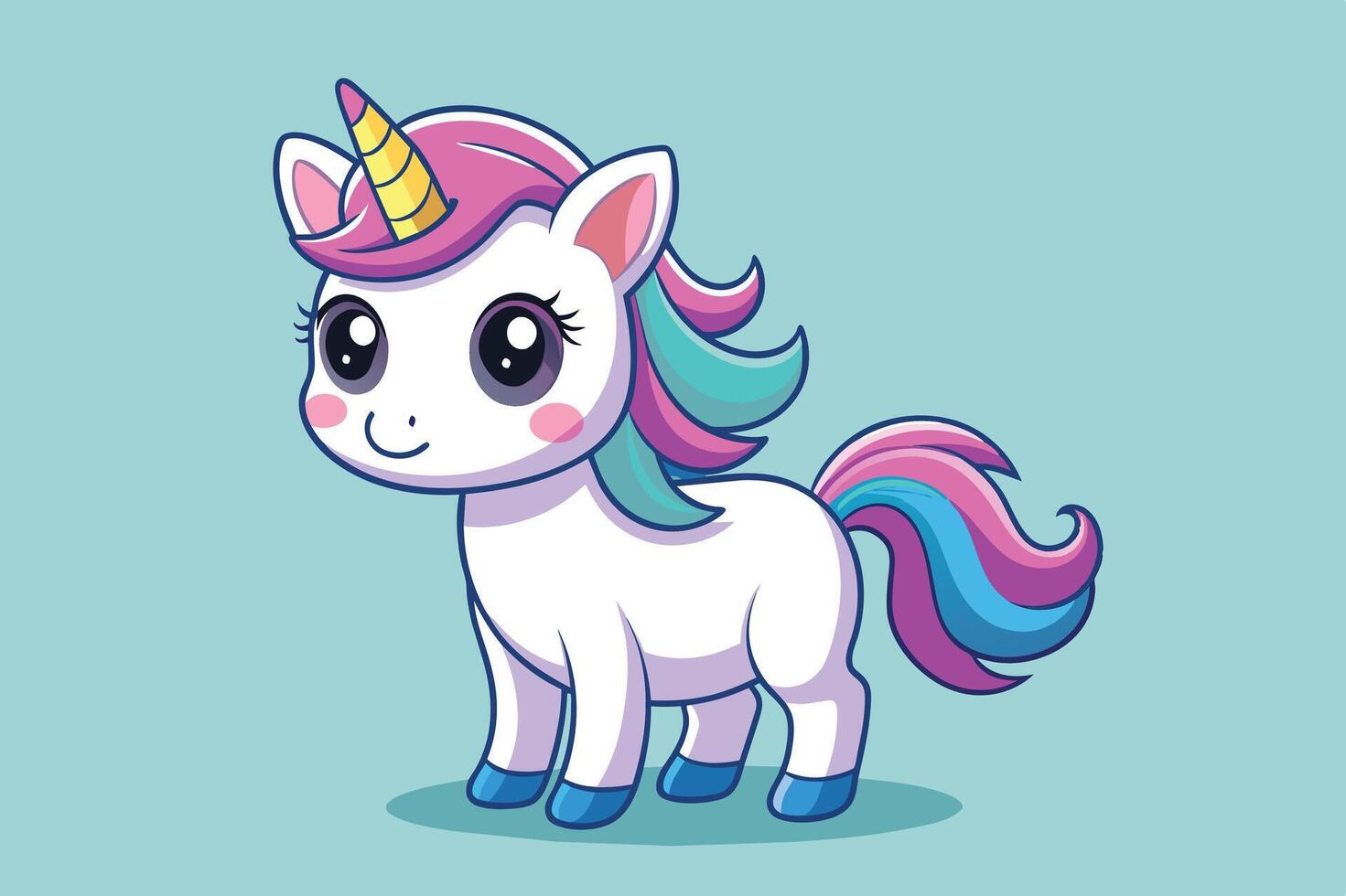 Adorable cartoon unicorn standing cheerfully on a light blue background with a colorful mane and sparkling horn, perfect for children's art vector