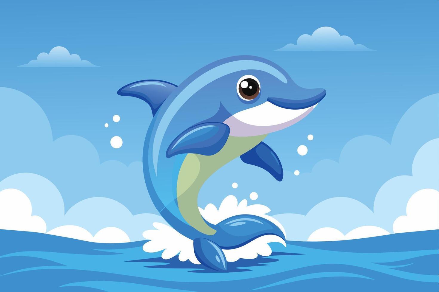 A cheerful blue dolphin leaping playfully from turquoise waves under a bright sky filled with fluffy clouds vector