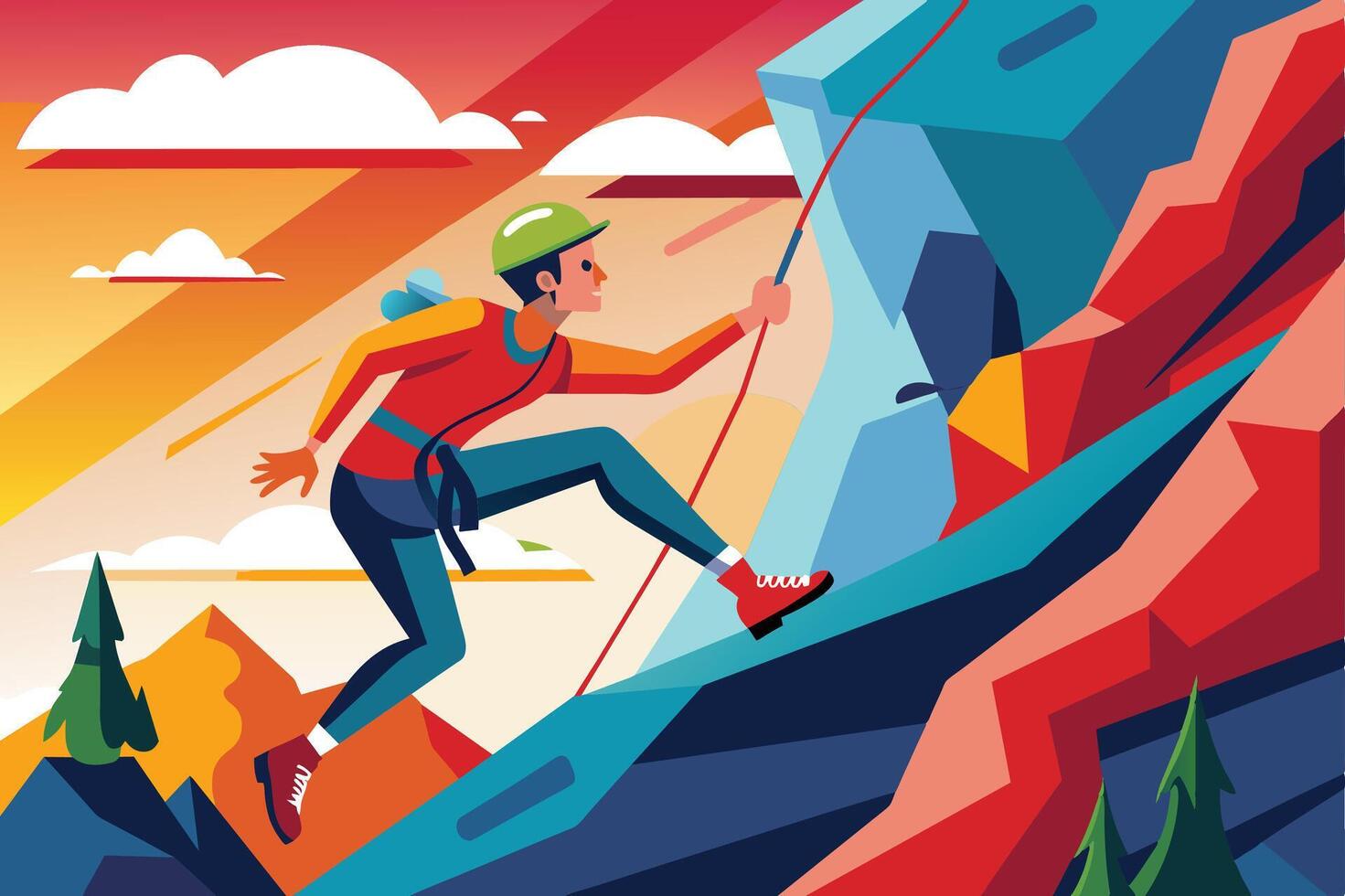 A climber ascends a colorful rock face at sunset, showcasing determination and adventure in a mountainous landscape vector