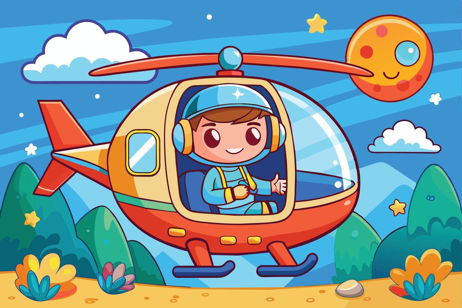 A cheerful child pilot flying a colorful helicopter over a vibrant landscape with hills, clouds, and a smiling sun in the sky vector
