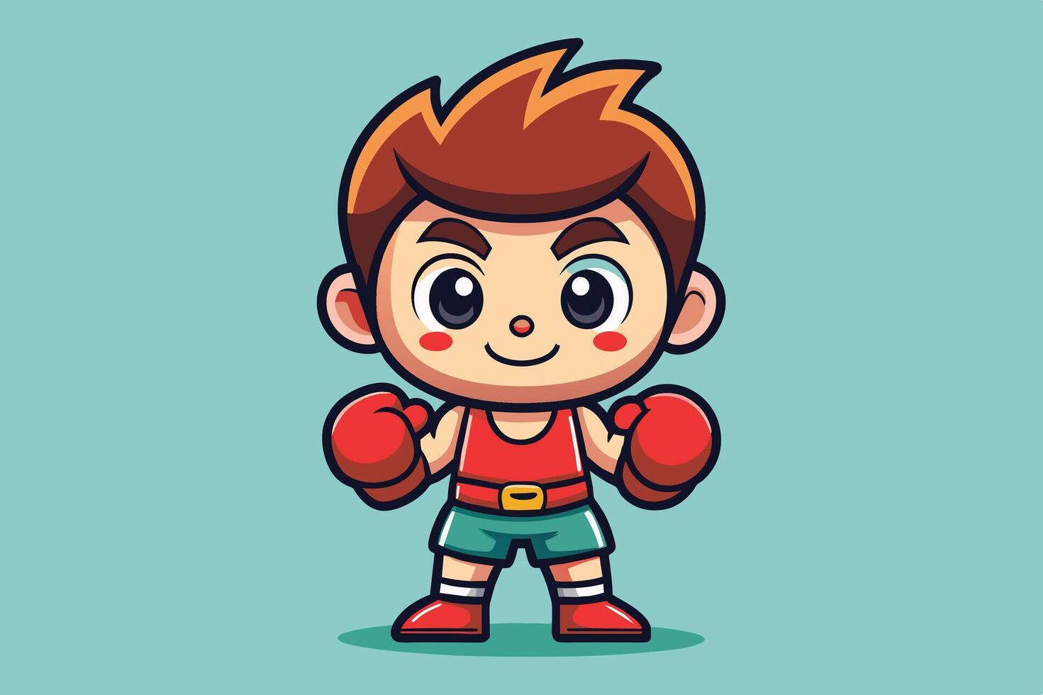 Cute cartoon boxer character wearing red gloves and shorts with a confident smile, standing against a light blue background vector