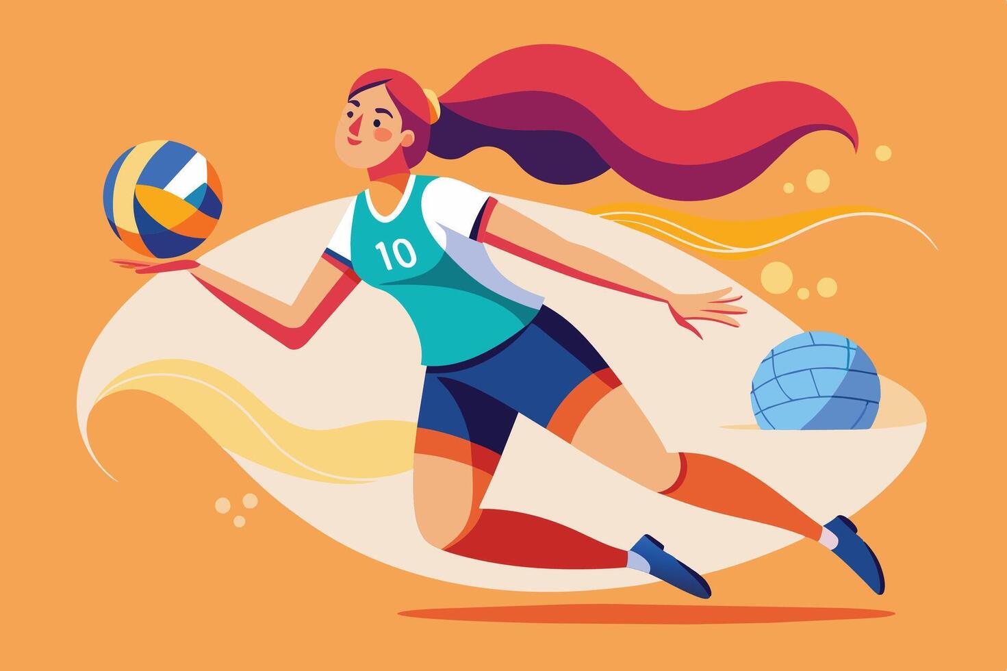 A young female volleyball player in action during a dynamic practice session, showcasing skills and teamwork in an indoor setting vector