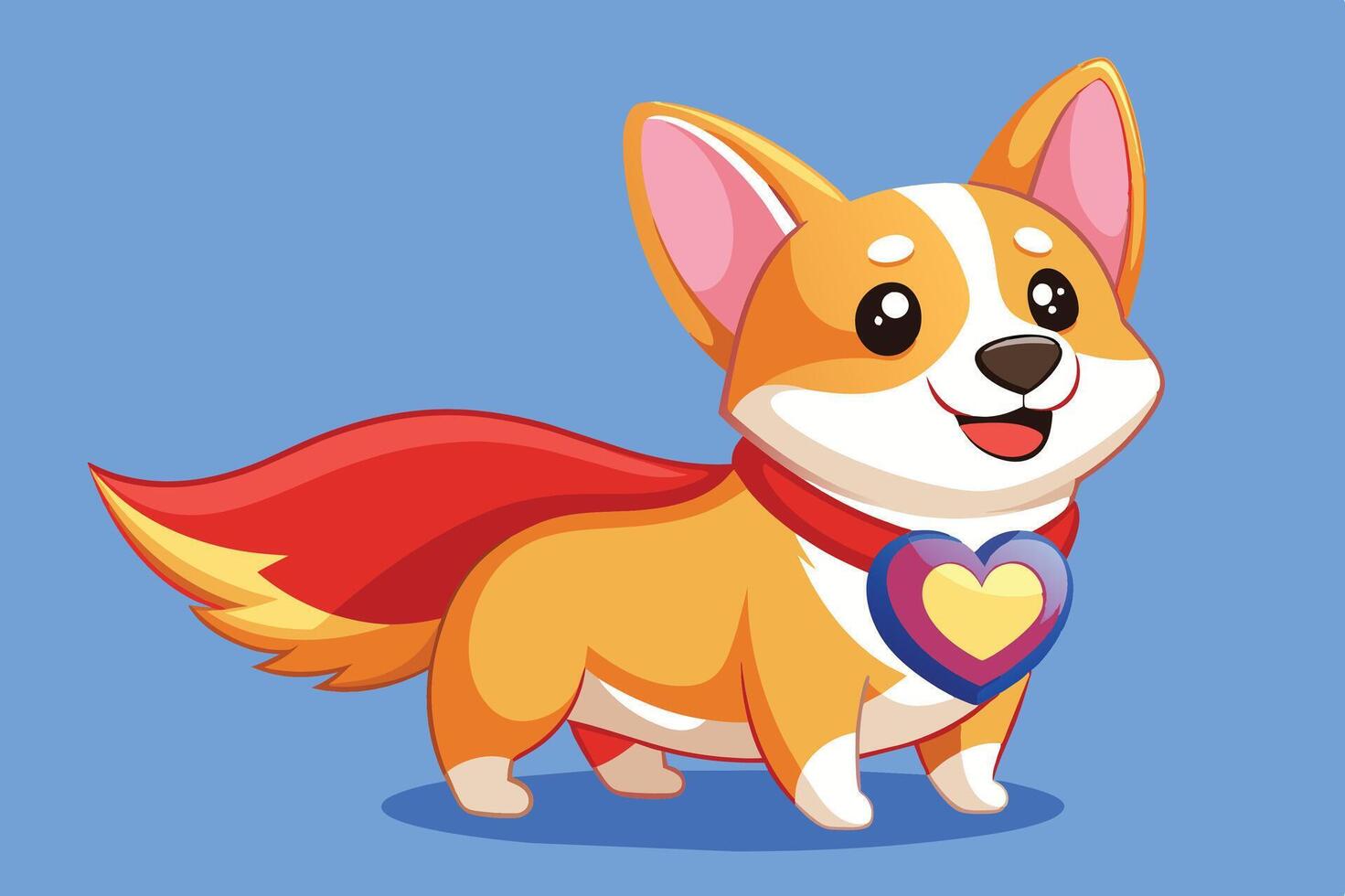 A cheerful cartoon corgi wearing a cape and a heart-shaped emblem, set against a bright blue background for playful illustration vector