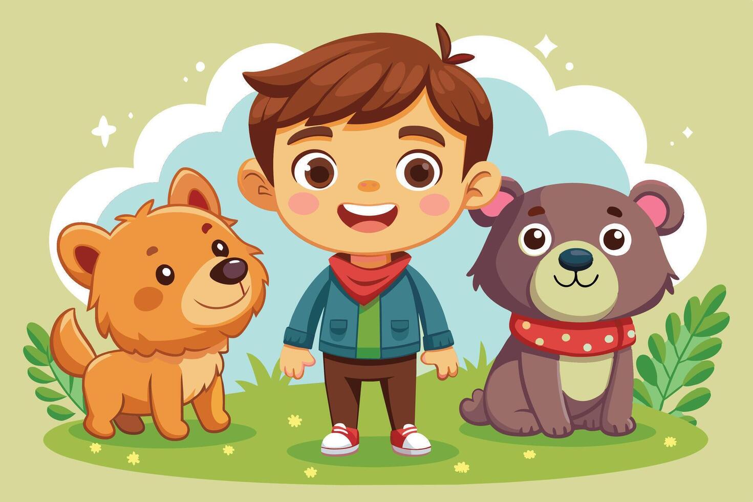 A cheerful child stands between a friendly dog and a playful bear in a vibrant park setting during a sunny day vector