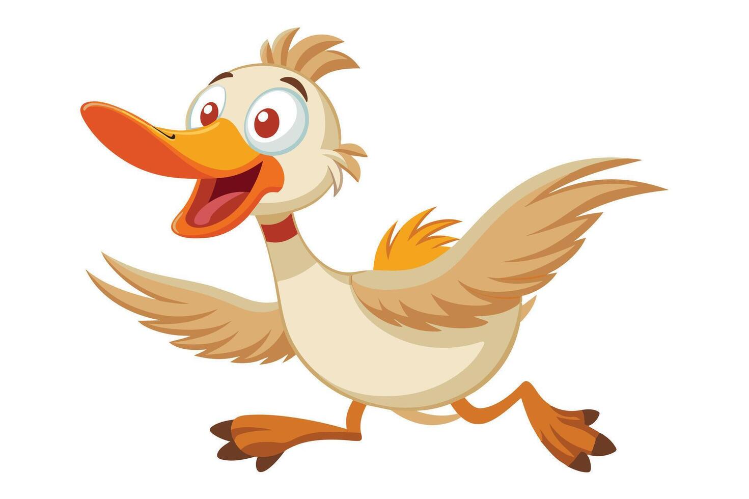 Cheerful cartoon duck running joyfully in a playful animated style, showcasing vibrant colors and lively expression in a whimsical setting vector
