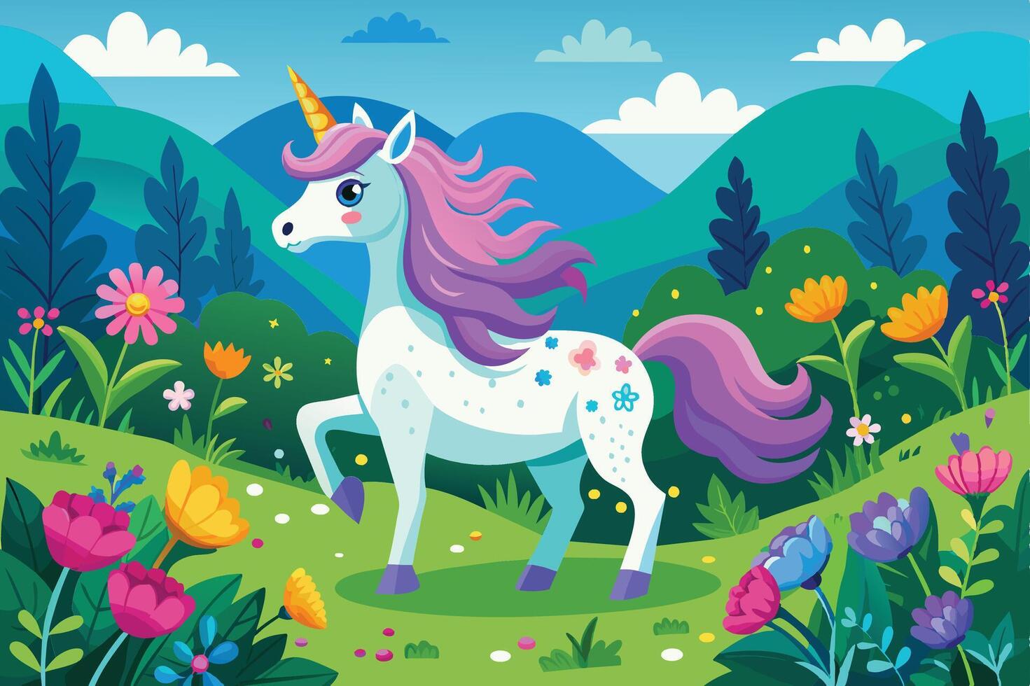 A playful unicorn stands in a vibrant meadow filled with colorful flowers, surrounded by lush green hills on a sunny day vector