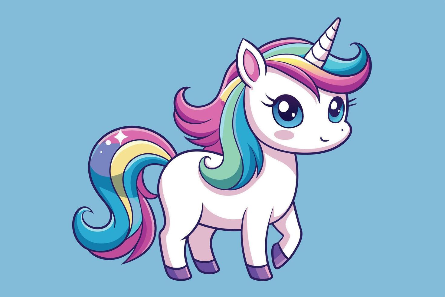Colorful cartoon unicorn with a rainbow mane walking against a soft blue background in a whimsical style vector